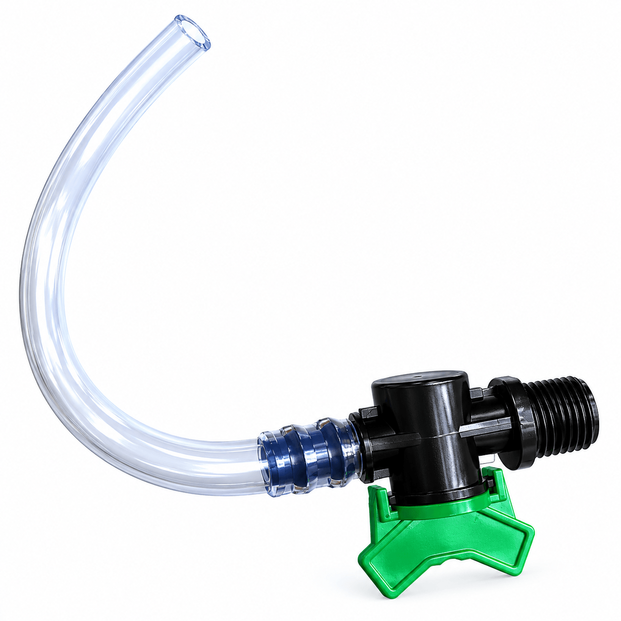 Pump with clear tube and black and green valve on a white background